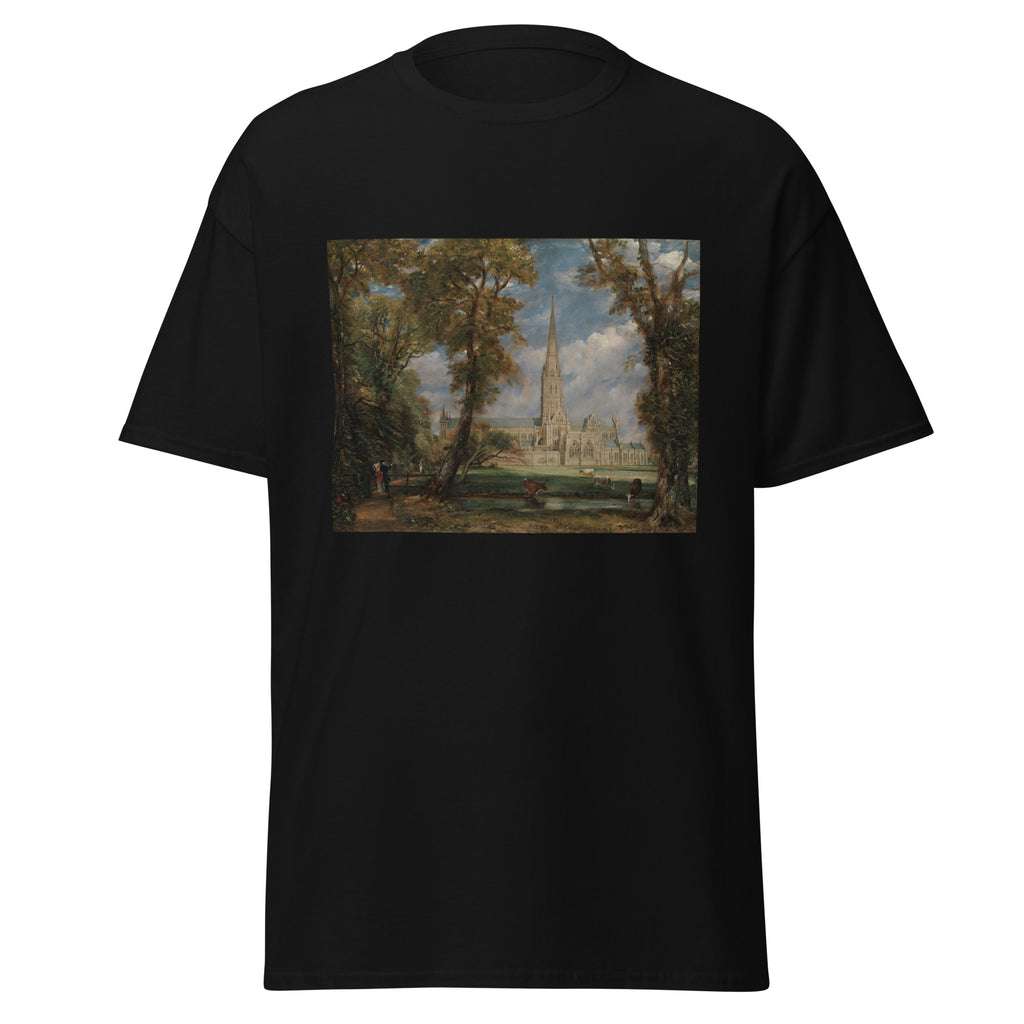 Unisex t-shirt featuring John Constable 'Salisbury Cathedral from the Bishop’s Grounds' artwork, shown in Black, front view, sizes S–5XL
