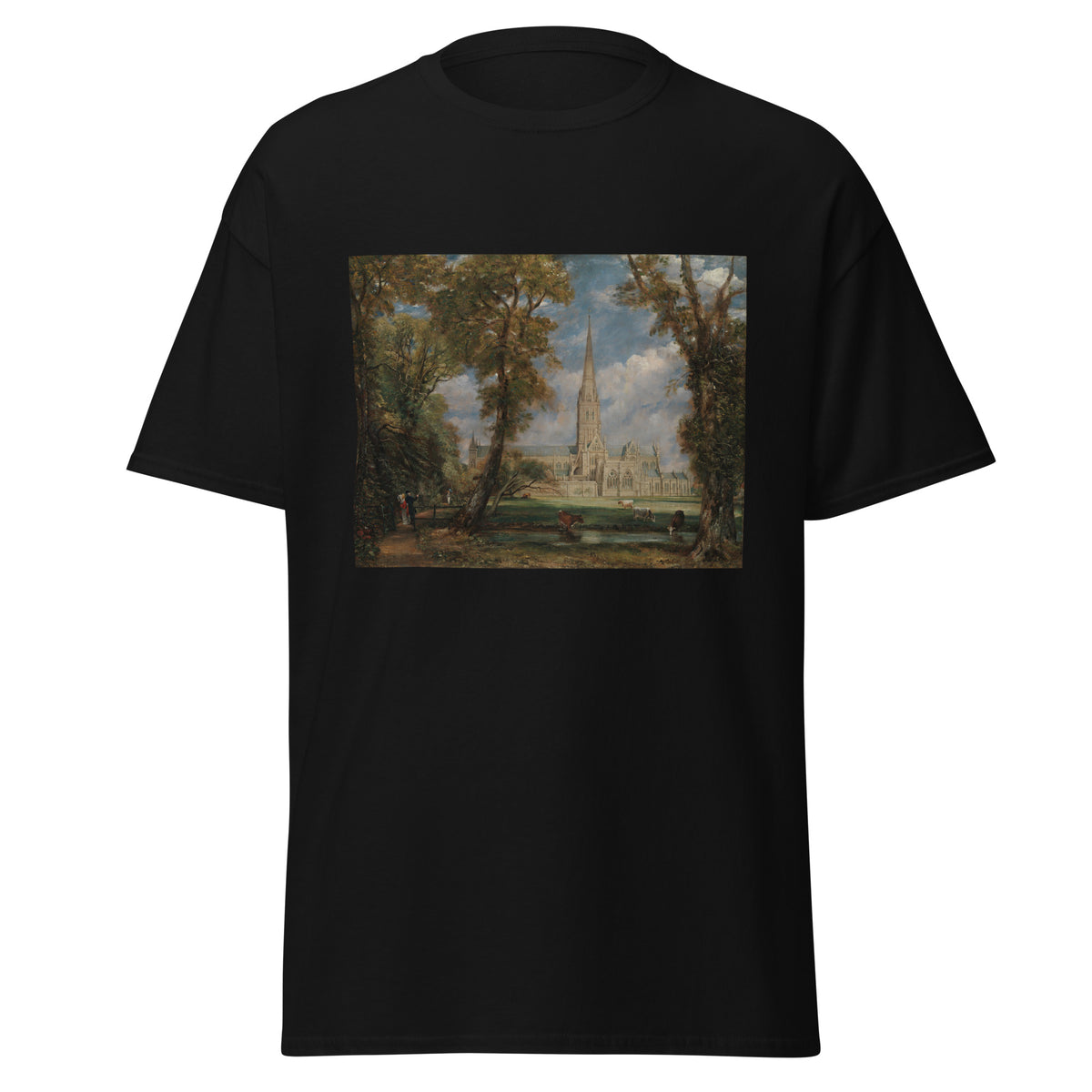 Unisex t-shirt featuring John Constable 'Salisbury Cathedral from the Bishop’s Grounds' artwork, shown in Black, front view, sizes S–5XL
