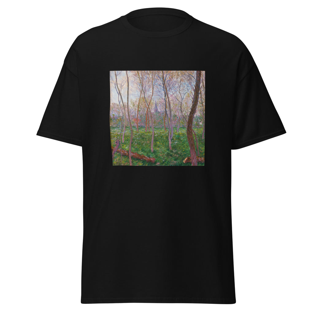 Unisex t-shirt featuring Claude Monet 'Bennecourt' artwork, shown in Black, front view, sizes S–5XL