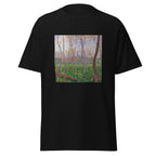 Unisex t-shirt featuring Claude Monet 'Bennecourt' artwork, shown in Black, front view, sizes S–5XL