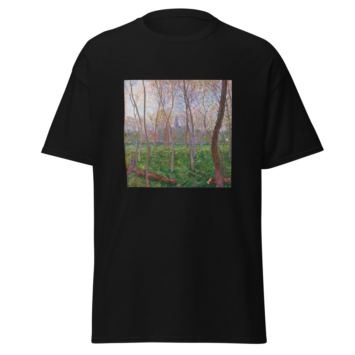 Unisex t-shirt featuring Claude Monet 'Bennecourt' artwork, shown in Black, front view, sizes S–5XL