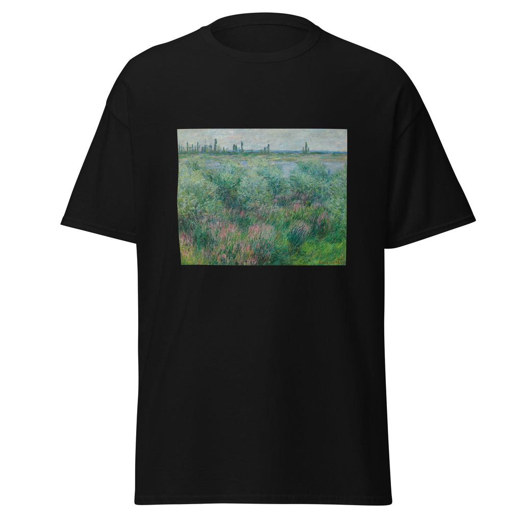 Unisex t-shirt featuring Claude Monet 'Berges De La Seine Près De Vétheuil' artwork, shown in Black, front view, sizes S–5XL