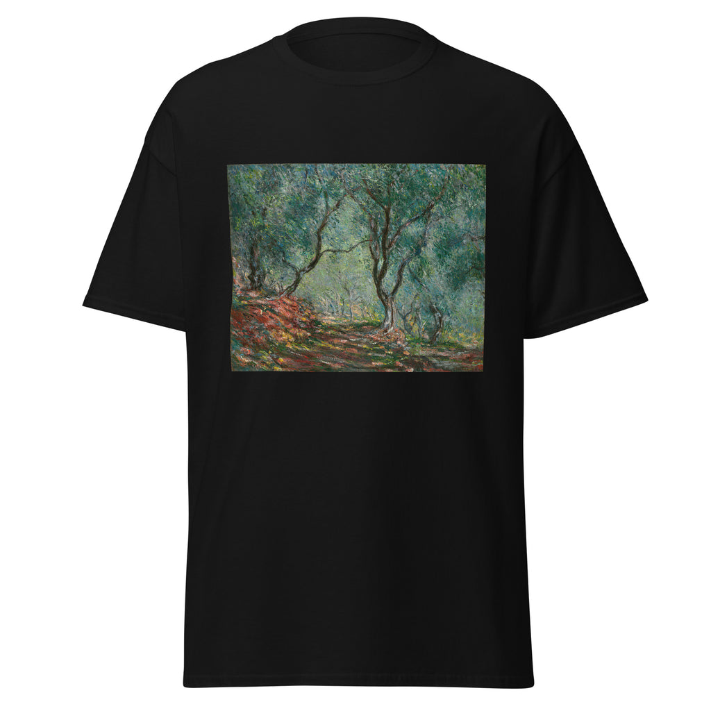 Unisex t-shirt featuring Claude Monet 'Bois d’oliviers au jardin Moreno' artwork, shown in Black, front view, sizes S–5XL