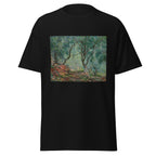Unisex t-shirt featuring Claude Monet 'Bois d’oliviers au jardin Moreno' artwork, shown in Black, front view, sizes S–5XL