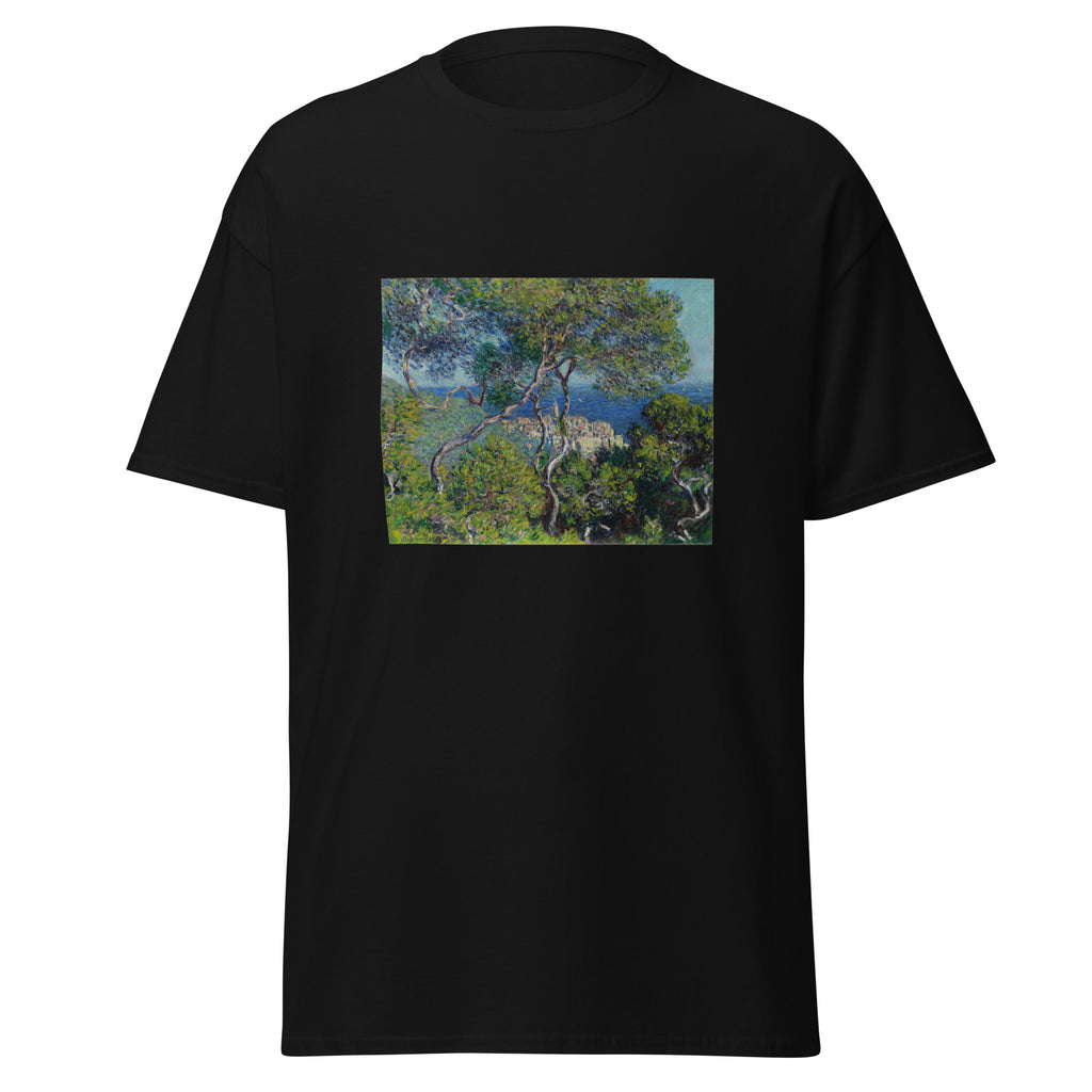 Unisex t-shirt featuring Claude Monet 'Bordighera' artwork, shown in Black, front view, sizes S–5XL
