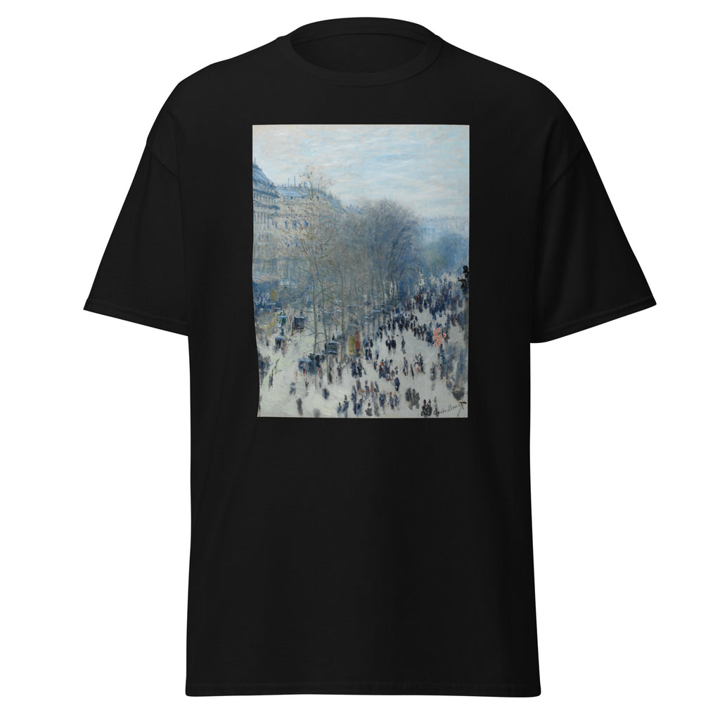 Unisex t-shirt featuring Claude Monet 'Boulevard des Capucines' artwork, shown in Black, front view, sizes S–5XL