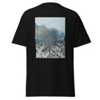 Unisex t-shirt featuring Claude Monet 'Boulevard des Capucines' artwork, shown in Black, front view, sizes S–5XL