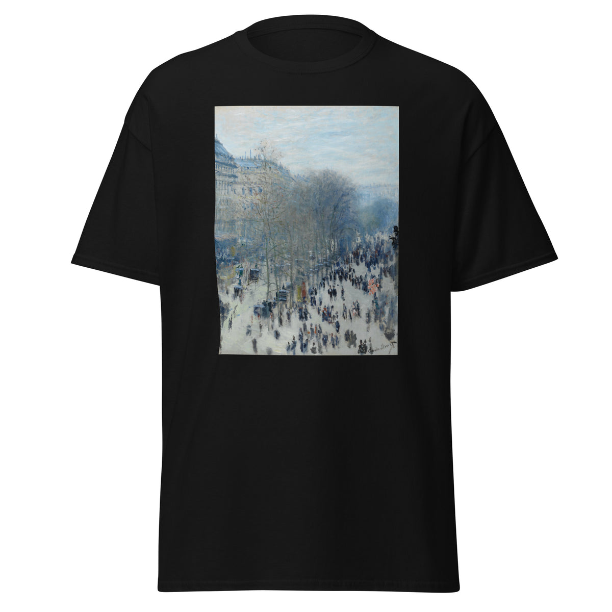Unisex t-shirt featuring Claude Monet 'Boulevard des Capucines' artwork, shown in Black, front view, sizes S–5XL