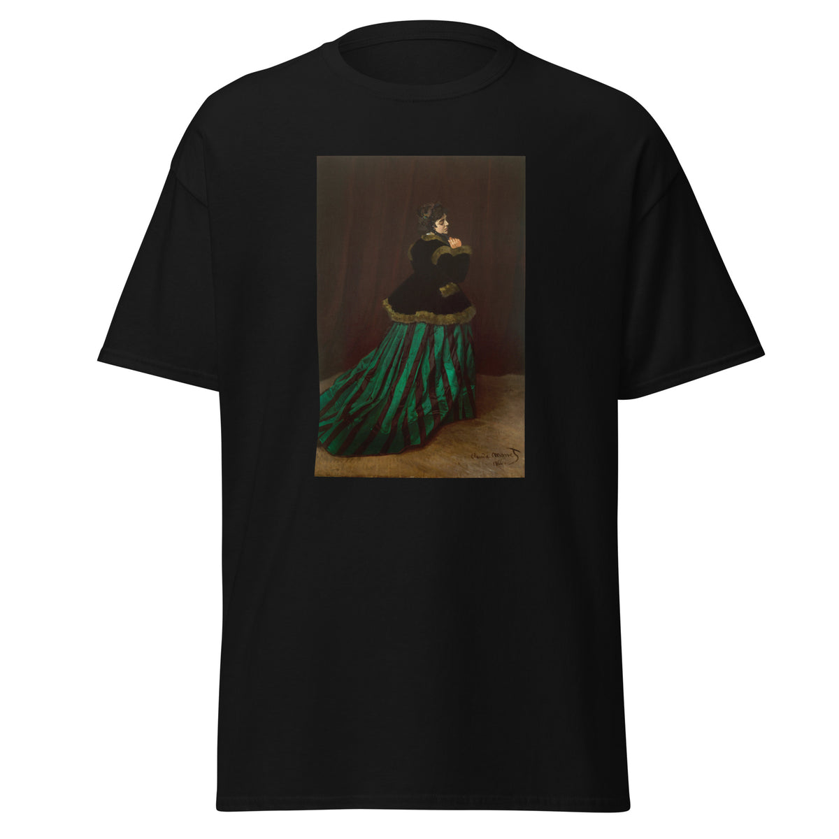 Unisex t-shirt featuring Claude Monet 'Camille' artwork, shown in Black, front view, sizes S–5XL