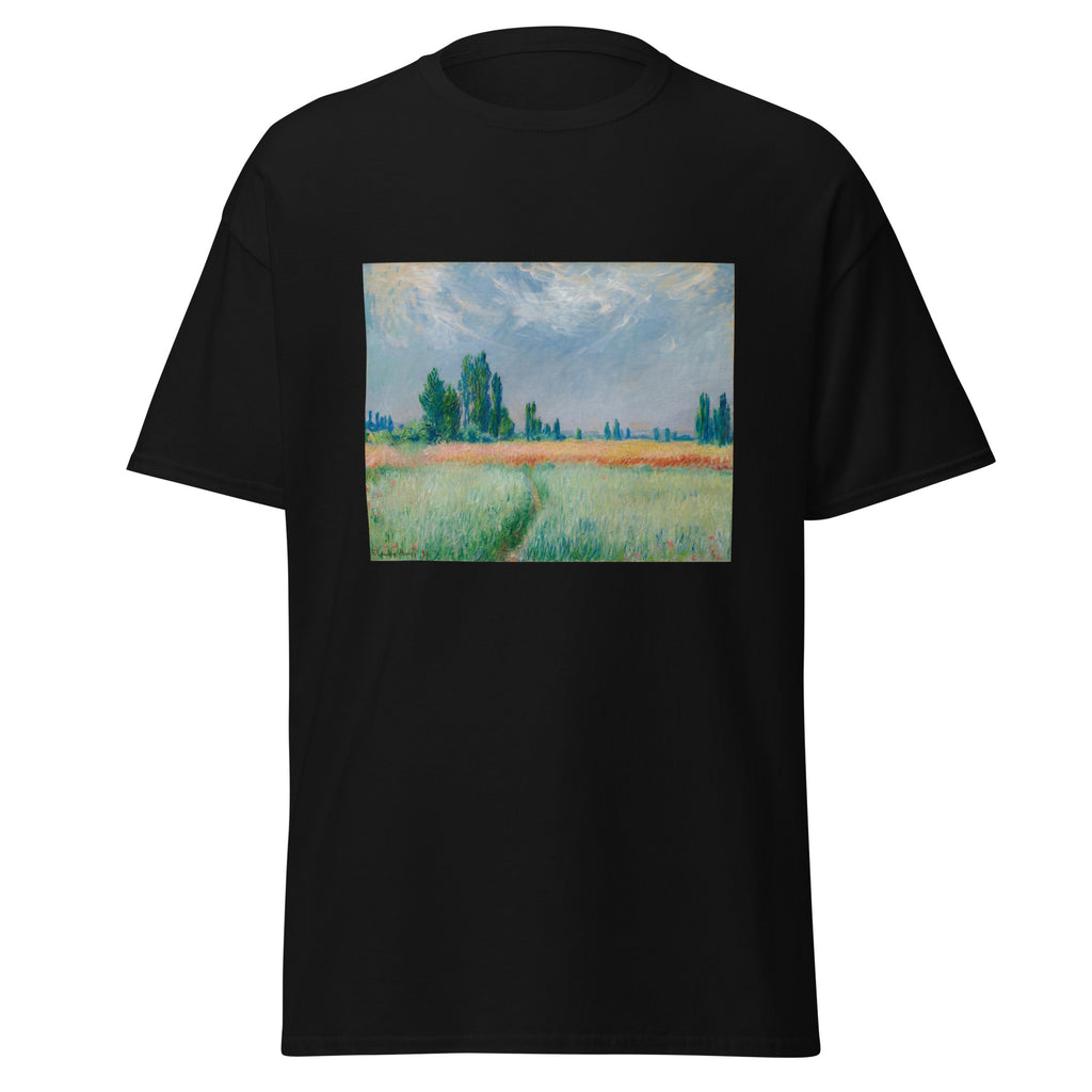 Unisex t-shirt featuring Claude Monet 'Champ De Blé' artwork, shown in Black, front view, sizes S–5XL