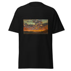 Unisex t-shirt featuring Claude Monet 'Coucher de soleil' artwork, shown in Black, front view, sizes S–5XL