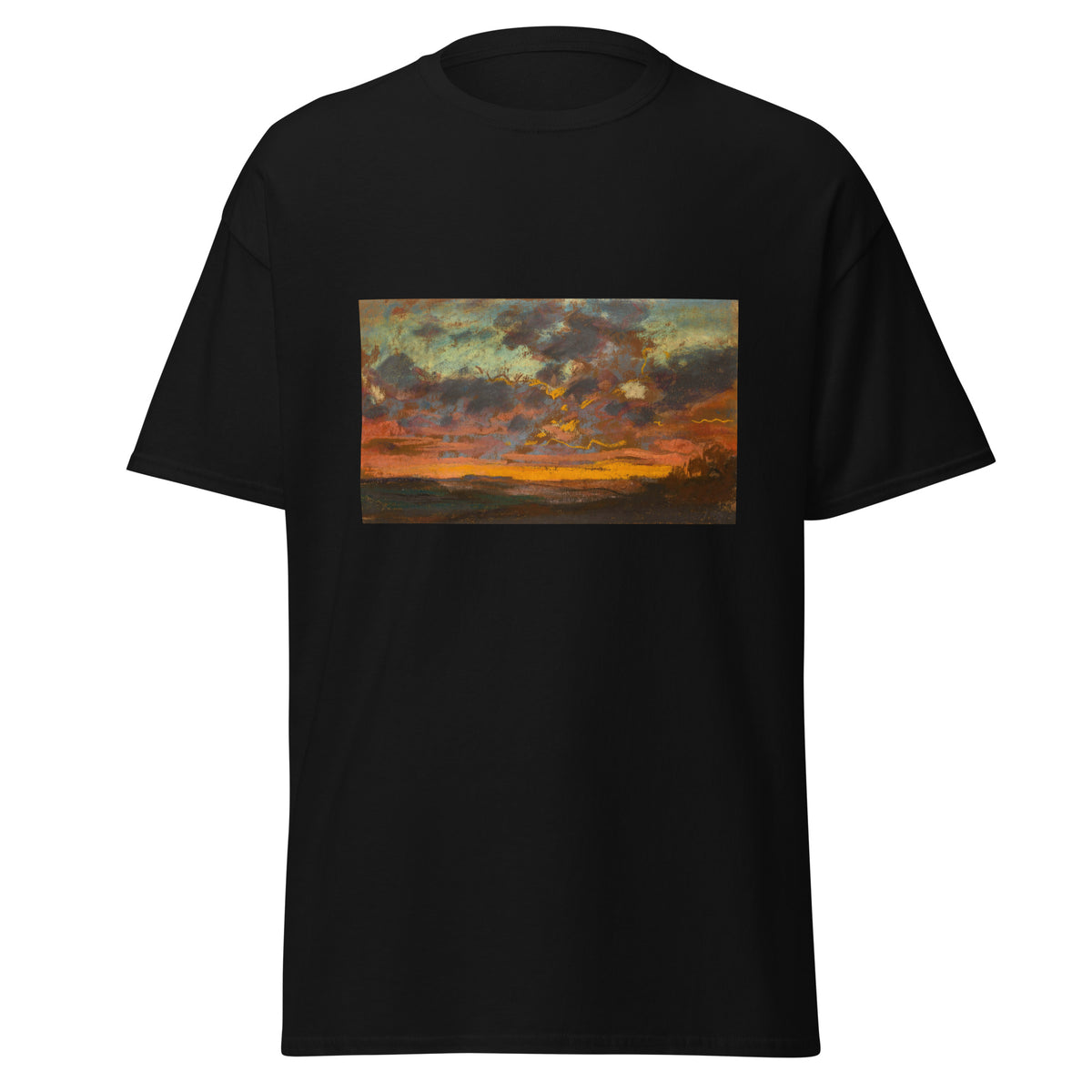 Unisex t-shirt featuring Claude Monet 'Coucher de soleil' artwork, shown in Black, front view, sizes S–5XL