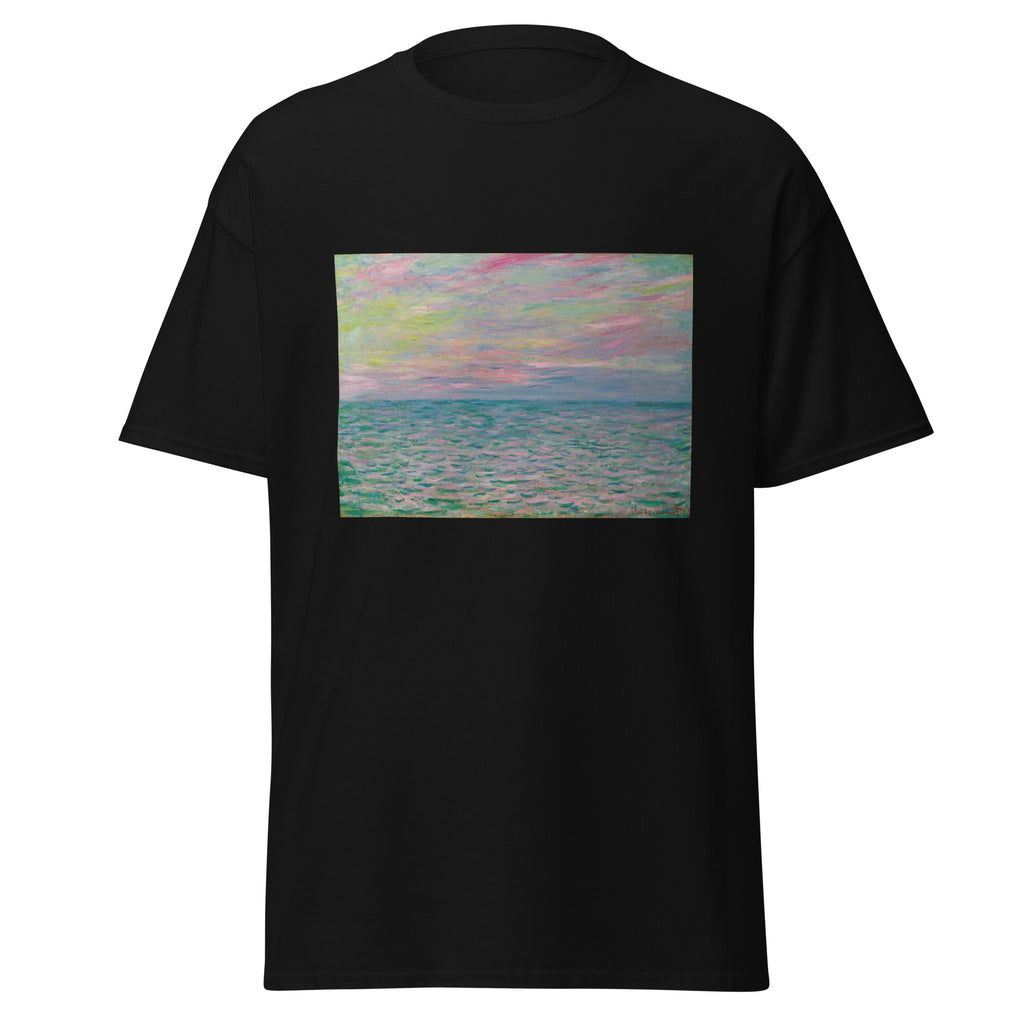 Unisex t-shirt featuring Claude Monet 'Coucher De Soleil À Pourville' artwork, shown in Black, front view, sizes S–5XL