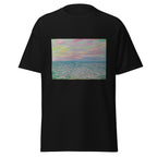 Unisex t-shirt featuring Claude Monet 'Coucher De Soleil À Pourville' artwork, shown in Black, front view, sizes S–5XL