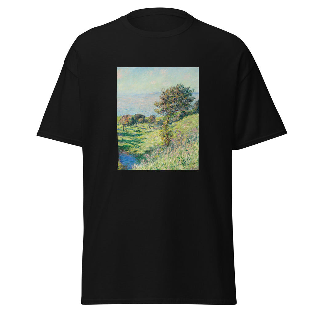 Unisex t-shirt featuring Claude Monet 'Coup de vent' artwork, shown in Black, front view, sizes S–5XL