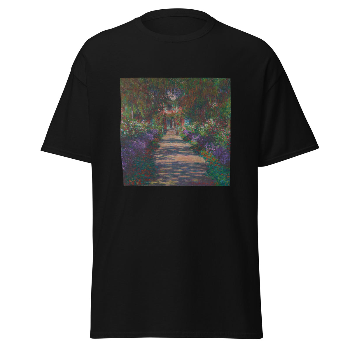 Unisex t-shirt featuring Claude Monet 'Eine Allee in Monets Garten' artwork, shown in Black, front view, sizes S–5XL