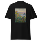Unisex t-shirt featuring Claude Monet 'Flower Beds at Vétheuil' artwork, shown in Black, front view, sizes S–5XL