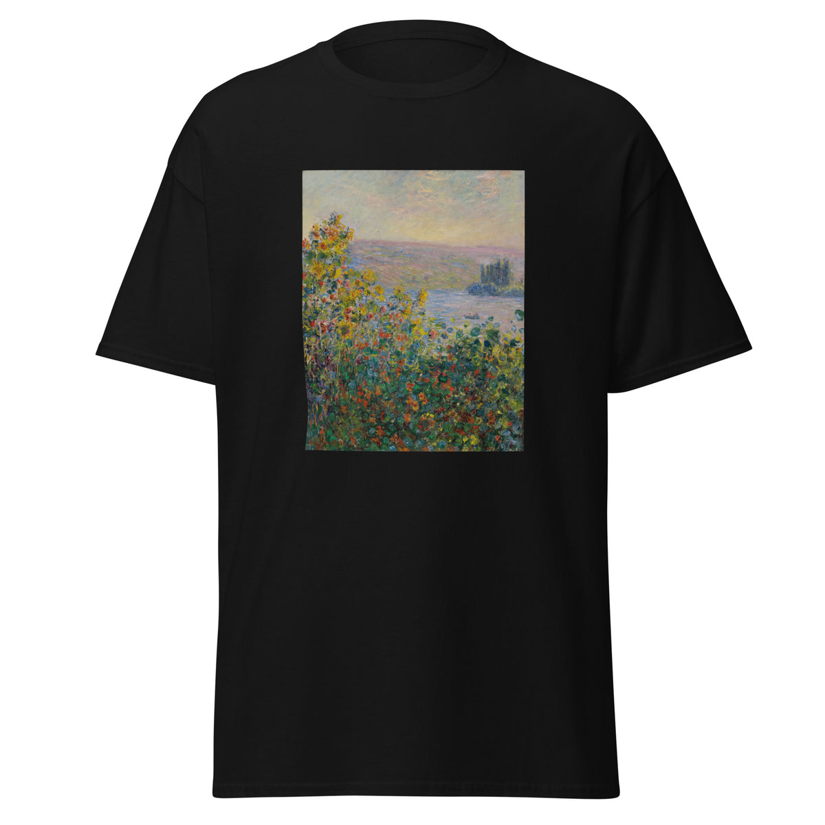 Unisex t-shirt featuring Claude Monet 'Flower Beds at Vétheuil' artwork, shown in Black, front view, sizes S–5XL