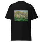 Unisex t-shirt featuring Claude Monet 'Flowering Plum Trees' artwork, shown in Black, front view, sizes S–5XL