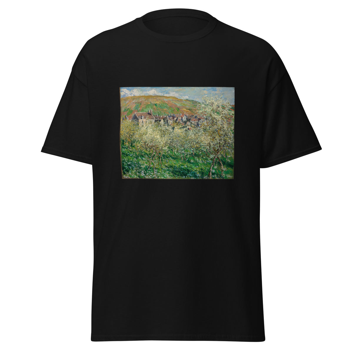 Unisex t-shirt featuring Claude Monet 'Flowering Plum Trees' artwork, shown in Black, front view, sizes S–5XL