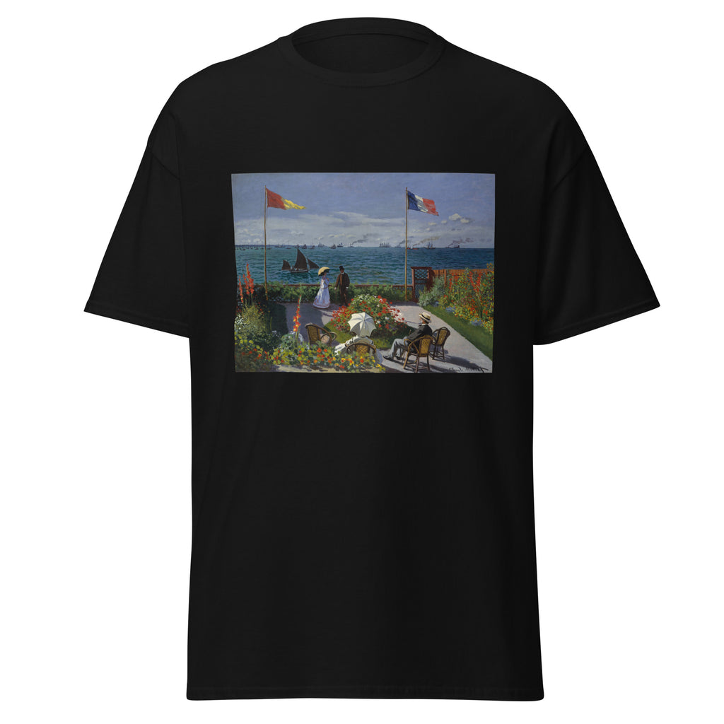 Unisex t-shirt featuring Claude Monet 'Garden at Sainte-Adresse' artwork, shown in Black, front view, sizes S–5XL