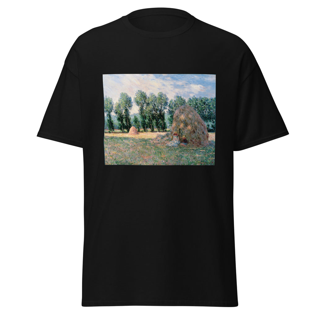 Unisex t-shirt featuring Claude Monet 'Haystacks' artwork, shown in Black, front view, sizes S–5XL