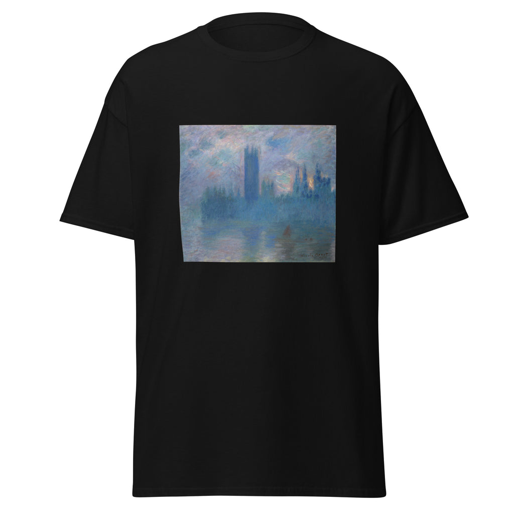 Unisex t-shirt featuring Claude Monet 'Houses of Parliament' artwork, shown in Black, front view, sizes S–5XL