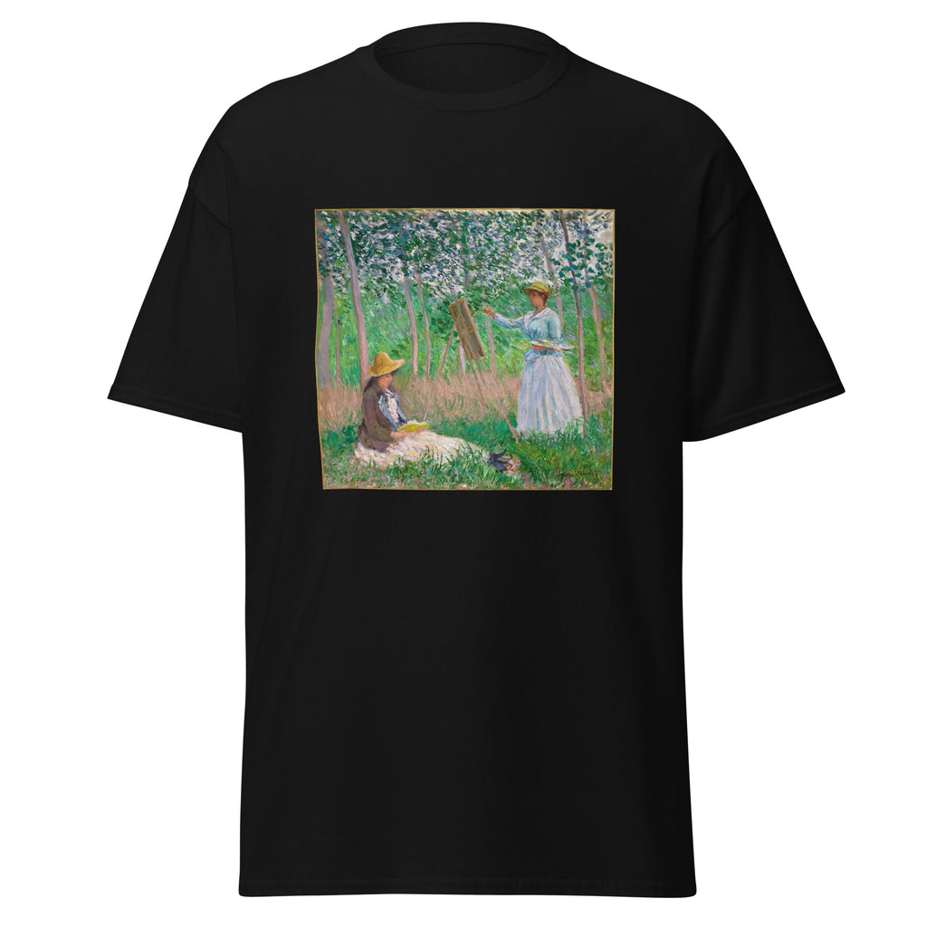 Unisex t-shirt featuring Claude Monet 'In The Woods At Giverny' artwork, shown in Black, front view, sizes S–5XL