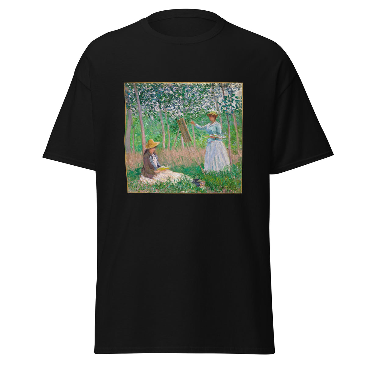 Unisex t-shirt featuring Claude Monet 'In The Woods At Giverny' artwork, shown in Black, front view, sizes S–5XL