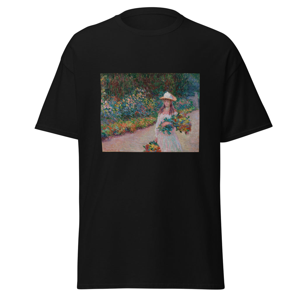 Unisex t-shirt featuring Claude Monet 'Jeune fille dans le jardin' artwork, shown in Black, front view, sizes S–5XL