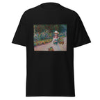 Unisex t-shirt featuring Claude Monet 'Jeune fille dans le jardin' artwork, shown in Black, front view, sizes S–5XL
