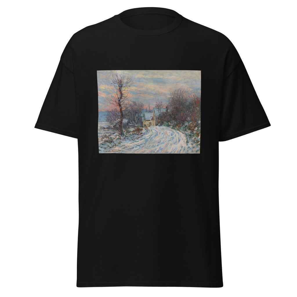 Unisex t-shirt featuring Claude Monet 'L’entrée De Giverny En Hiver' artwork, shown in Black, front view, sizes S–5XL