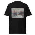 Unisex t-shirt featuring Claude Monet 'L’entrée De Giverny En Hiver' artwork, shown in Black, front view, sizes S–5XL