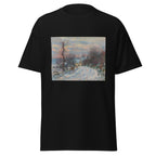 Unisex t-shirt featuring Claude Monet 'L’entrée De Giverny En Hiver' artwork, shown in Black, front view, sizes S–5XL