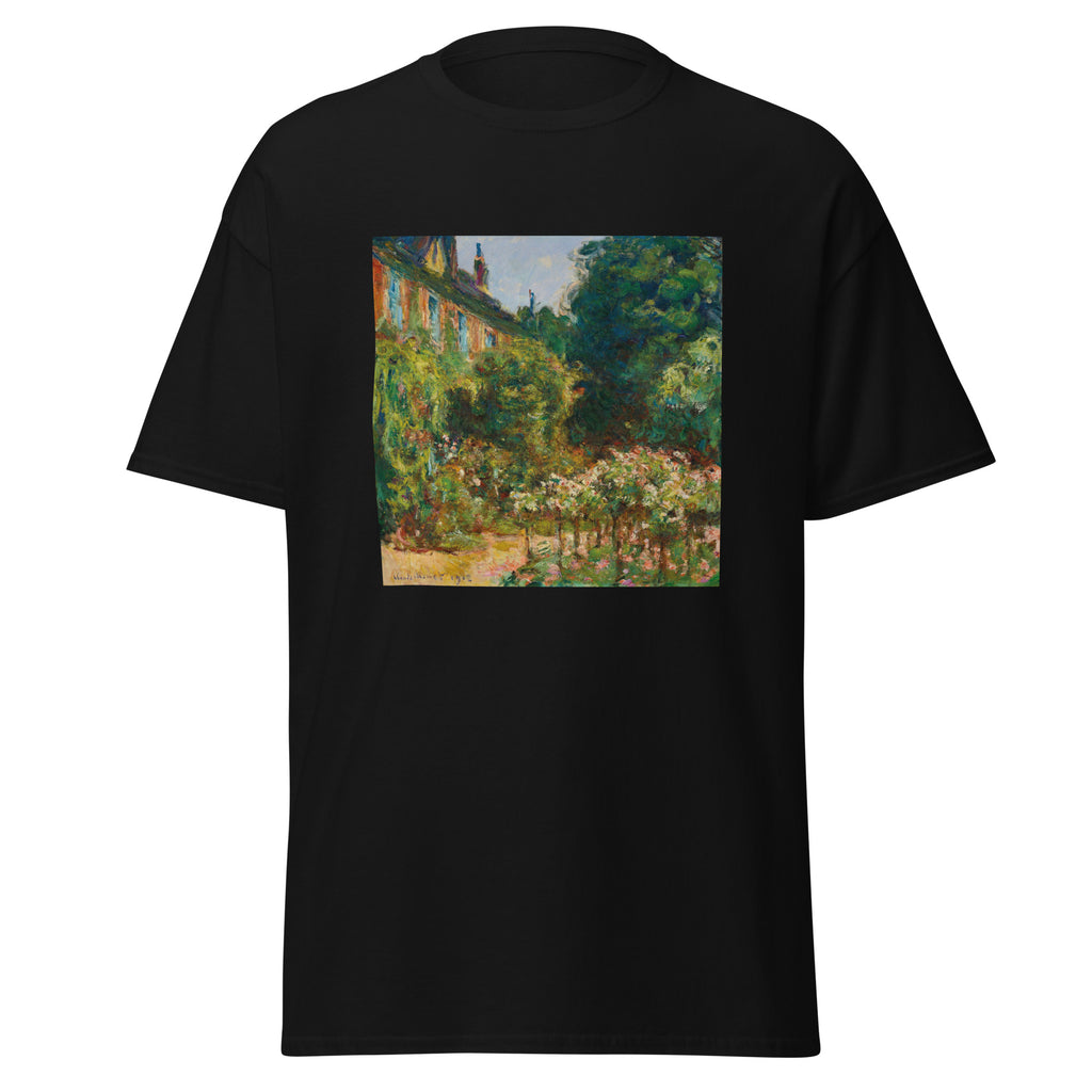 Unisex t-shirt featuring Claude Monet 'La maison de l’artiste' artwork, shown in Black, front view, sizes S–5XL