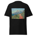 Unisex t-shirt featuring Claude Monet 'La route rouge' artwork, shown in Black, front view, sizes S–5XL