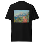 Unisex t-shirt featuring Claude Monet 'La route rouge' artwork, shown in Black, front view, sizes S–5XL