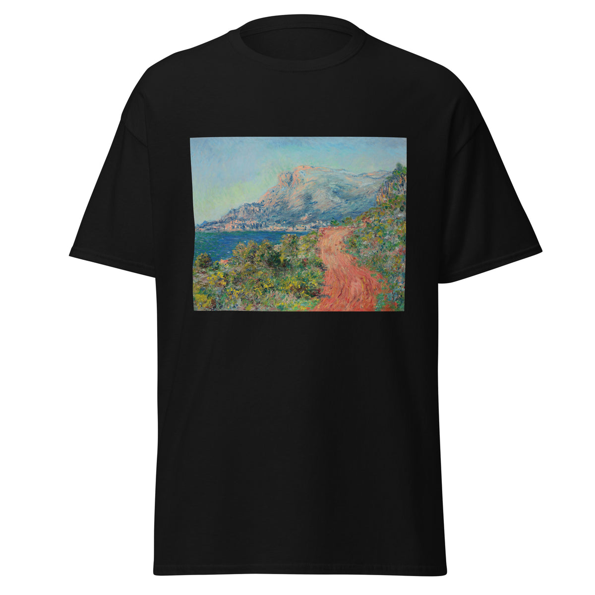 Unisex t-shirt featuring Claude Monet 'La route rouge' artwork, shown in Black, front view, sizes S–5XL