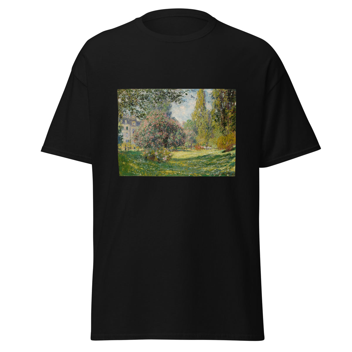 Unisex t-shirt featuring Claude Monet 'Parc Monceau' artwork, shown in Black, front view, sizes S–5XL