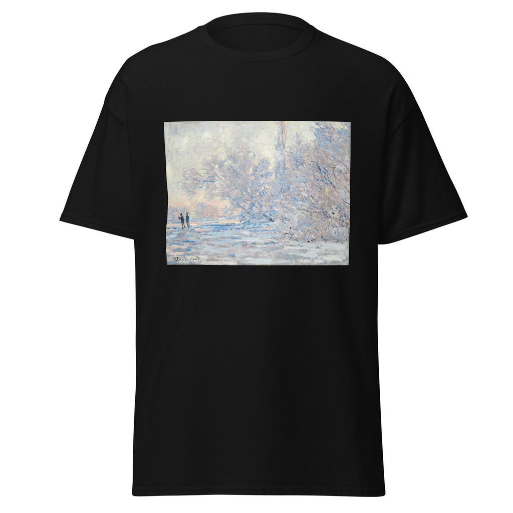 Unisex t-shirt featuring Claude Monet 'Le Givre À Giverny' artwork, shown in Black, front view, sizes S–5XL