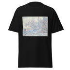 Unisex t-shirt featuring Claude Monet 'Le Givre À Giverny' artwork, shown in Black, front view, sizes S–5XL