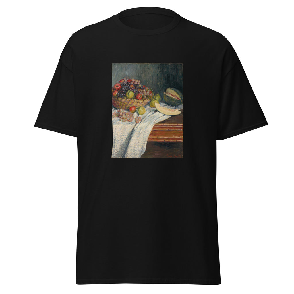 Unisex t-shirt featuring Claude Monet 'Nature morte au melon' artwork, shown in Black, front view, sizes S–5XL