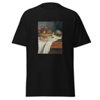 Unisex t-shirt featuring Claude Monet 'Nature morte au melon' artwork, shown in Black, front view, sizes S–5XL