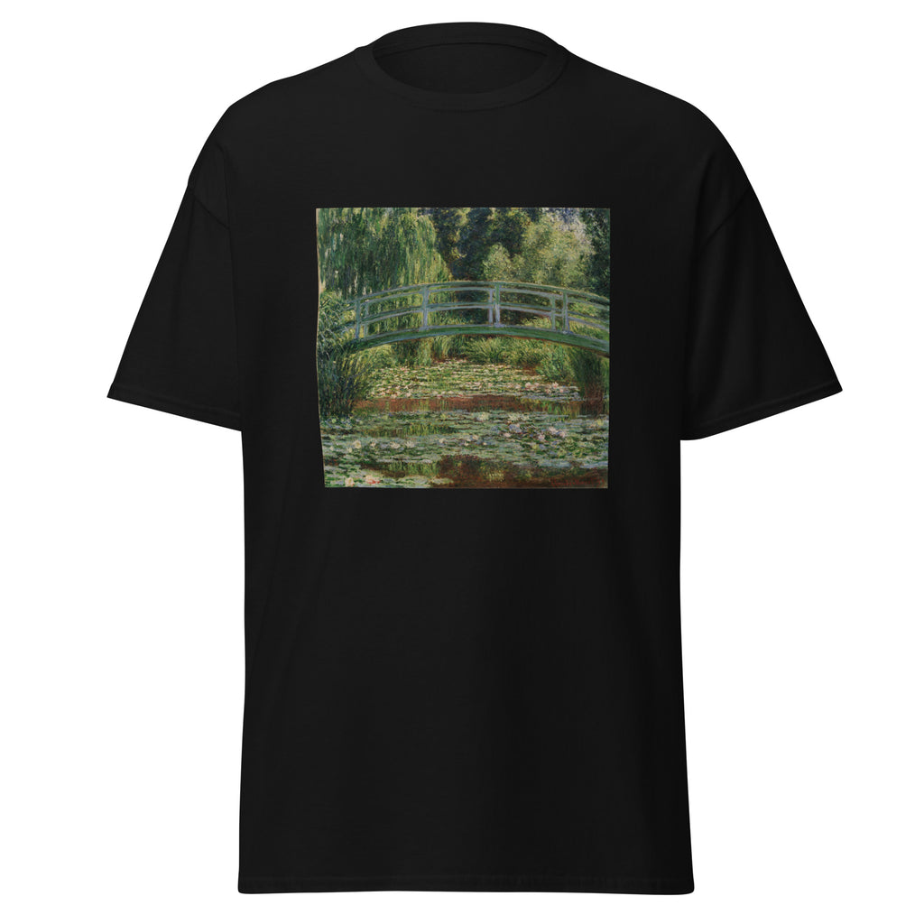 Unisex t-shirt featuring Claude Monet 'Poirier En Fleurs' artwork, shown in Black, front view, sizes S–5XL
