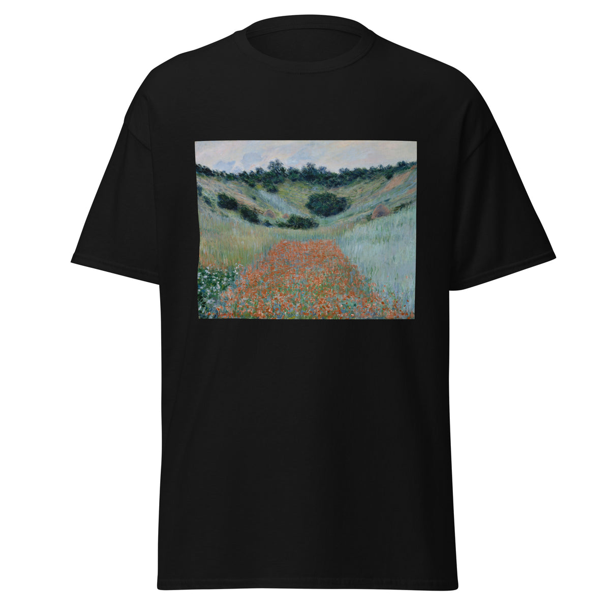 Unisex t-shirt featuring Claude Monet 'Poppy Field in a Hollow near Giverny' artwork, shown in Black, front view, sizes S–5XL