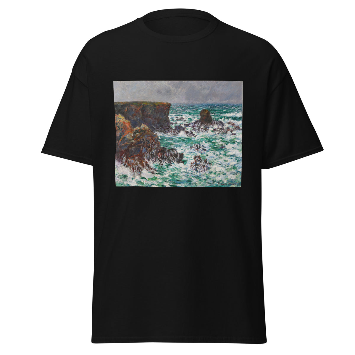 Unisex t-shirt featuring Claude Monet 'Port-Coton, Le Lion' artwork, shown in Black, front view, sizes S–5XL