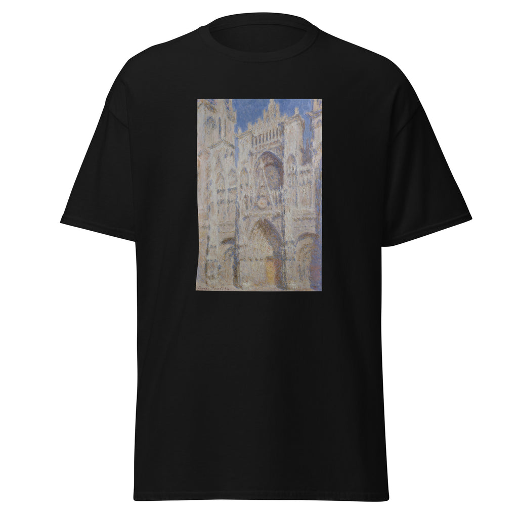 Unisex t-shirt featuring Claude Monet 'Rouen Cathedral The Portal' artwork, shown in Black, front view, sizes S–5XL