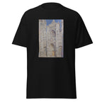 Unisex t-shirt featuring Claude Monet 'Rouen Cathedral The Portal' artwork, shown in Black, front view, sizes S–5XL