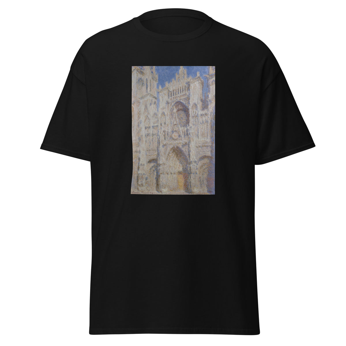 Unisex t-shirt featuring Claude Monet 'Rouen Cathedral The Portal' artwork, shown in Black, front view, sizes S–5XL
