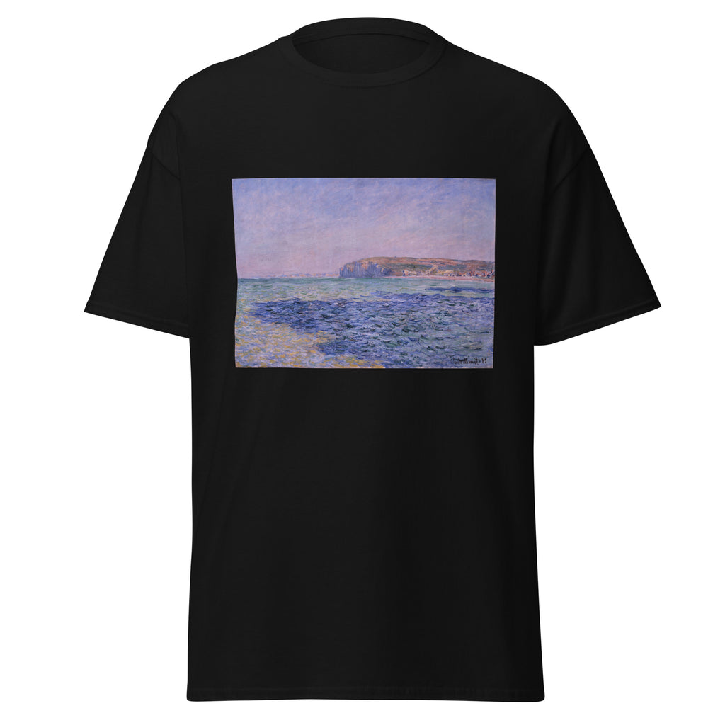 Unisex t-shirt featuring Claude Monet 'The Cliffs at Pourvill' artwork, shown in Black, front view, sizes S–5XL